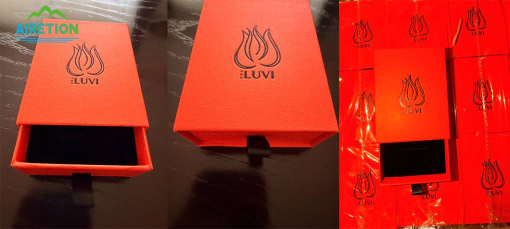 custom red drawer rigid gift box with debossed LUVI logo custom red drawer rigid gift box with debossed LUVI logo